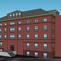 Red Brick Multi Story Office Building Exterior With Dark Roof Windows And Entry Steps