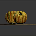 Two Vibrant Striped Pumpkins On Wooden Cutting Board For Food Preparation