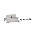 Modern Upholstered Double Bed With Geometric Quilted Bedding And Marble Nightstands For Stylish Bedroom Decor