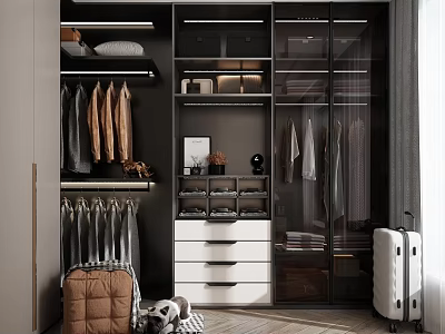 Modern Wardrobe Interior Design With Glass Doors Hanging Clothes Open Shelves And Storage Drawers 3d model