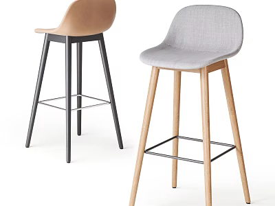 Modern Bar Stools With Curved Backrest Gray And Beige Padded Seats Metal And Wooden Legs 3d model