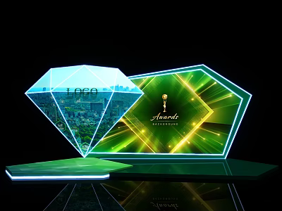 Diamond Shaped Award Display with LOGO Award Text and Glowing Green Blue Lights 3d model