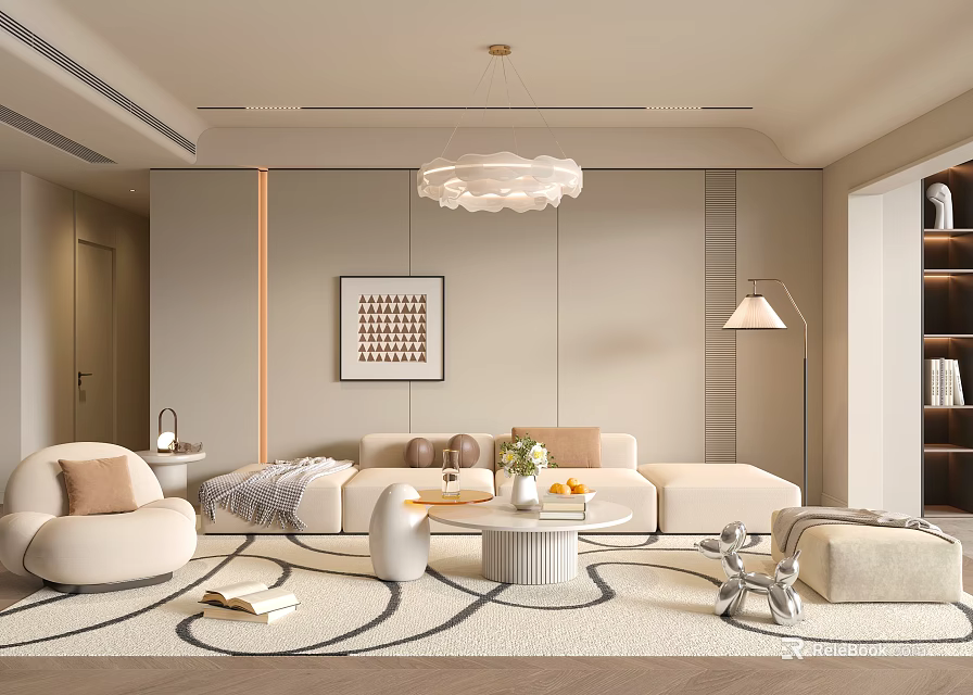 Elegant Modern Living Room Interior With Beige Sofa Round Coffee Table Area Rug And Chandelier 3d model 