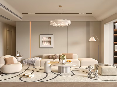 Elegant Modern Living Room Interior With Beige Sofa Round Coffee Table Area Rug And Chandelier 3d model