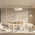Elegant Modern Living Room Interior With Beige Sofa Round Coffee Table Area Rug And Chandelier