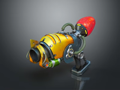 Futuristic Mechanical Weapon With Yellow Casing Red Glowing Tip Green Hose And Metal Stand 3d model