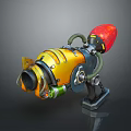 Futuristic Mechanical Weapon With Yellow Casing Red Glowing Tip Green Hose And Metal Stand