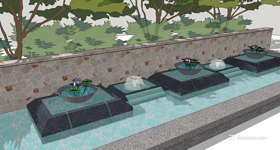 Fountain In Garden With Multiple Pools Water Lilies Stone Wall And Trees 3d model 