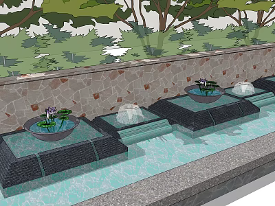 Fountain In Garden With Multiple Pools Water Lilies Stone Wall And Trees 3d model