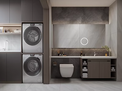 Modern Bathroom Design With Stacked Washer Dryer Wall Hung Toilet And Marble Countertop 3d model