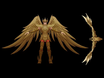 Detailed Golden Armored Winged Character With Crown Large Wings And Golden Bow 3d model