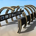 Garden Landscape Featuring Arched PEACESEAL Structure With Black White Curved Design And Display Frames 3d model