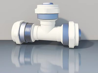 White Plastic Plumbing Fitting with Silver Rings and Blue Seals for Pipe Connection 3d model