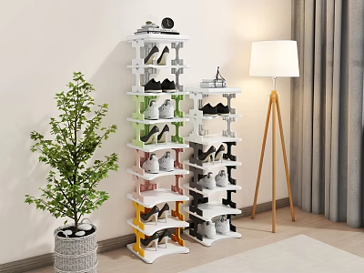 Modern Multi Tiered Shoe Cabinet With Colorful Shelves Interior And Potted Plant Floor Lamp 3d model