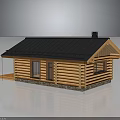 Log Cabin Wooden Structure With Black Roof Chimney And Stone Foundation