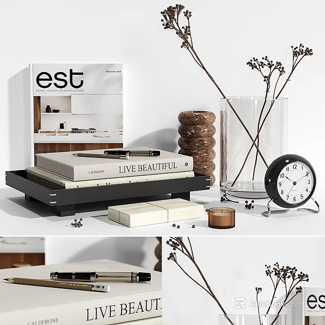 Decorative Ornament Set With Tray Books Vase Dried Flowers And Clock For Home Decor 3d model 