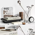 Decorative Ornament Set With Tray Books Vase Dried Flowers And Clock For Home Decor