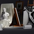 Artist's Art Supplies And Musical Instruments With Easels Canvas Plaster Statues