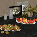 Fresh Peaches and Pears on Plates with Pitcher Glass and Green Plant on Kitchen Table