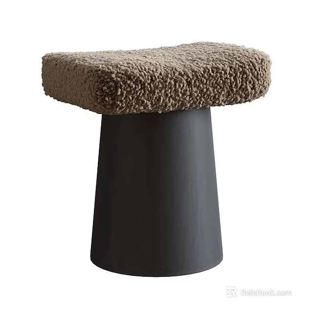 Stylish Stool With Brown Fluffy Cushion And Black Conical Base 3d model 