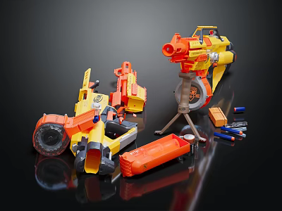 Creative Building Blocks Toys With Yellow And Orange Vehicle Models And Scattered Parts 3d model