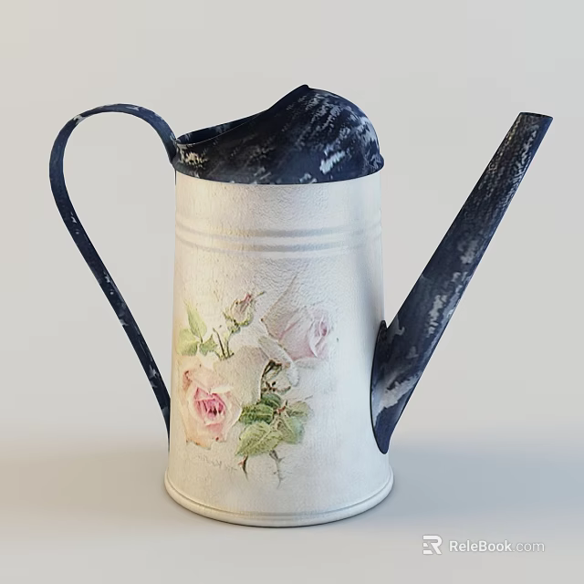 Vintage White Watering Can With Pink Rose Pattern And Black Spout Handle 3d model 