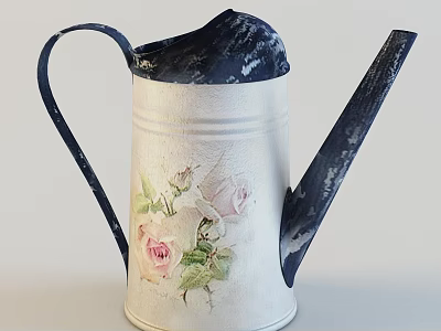 Vintage White Watering Can With Pink Rose Pattern And Black Spout Handle 3d model
