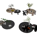 Modern Round Coffee Table Design With Plants Books And Decorative Items 3d model