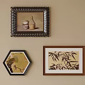 Abstract Paintings With Wavy Hexagonal Brown Frames Featuring Bottles Bird And Bamboo Leaves On Wall