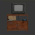 Vintage Old Computer Monitor On Wooden TV Stand With Blue Bowl And Books