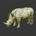 White And Yellow Rhinoceros Sculpture With Red Spots Standing On Dark Background With Reflection