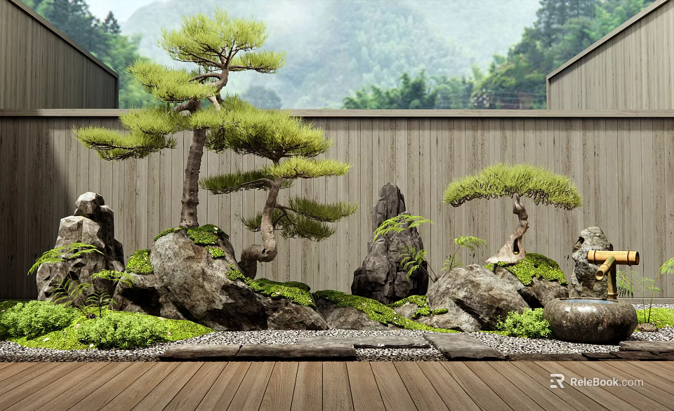 Indoor Landscape With Bonsai Pine Trees Decorative Rocks Lush Moss And Wooden Flooring 3d model 