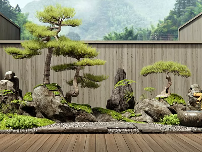 Indoor Landscape With Bonsai Pine Trees Decorative Rocks Lush Moss And Wooden Flooring 3d model