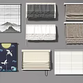 Diverse Curtain and Blind Styles Featuring Artistic Patterns and Fabric Materials 3d model