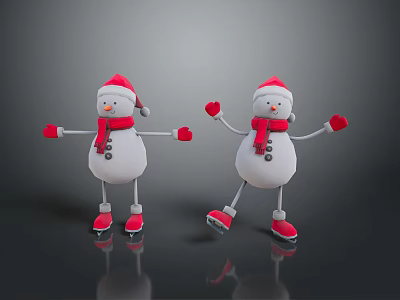 Two Snowmen Ice Skating With Santa Hats Red Scarves Gloves And Shoes 3d model