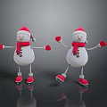 Two Snowmen Ice Skating With Santa Hats Red Scarves Gloves And Shoes