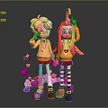 Cartoon Game Characters With Blonde Red Hair Green Eyes Orange Hoodies Red Skirts And Pink Elements