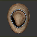 Classic Brown Straw Hat Featuring Leather Band Blue Beads And Round Badge