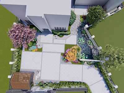 Courtyard Garden Design With Stone Path Colorful Flower Beds And Water Feature 3d model