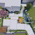 Courtyard Garden Design With Stone Path Colorful Flower Beds And Water Feature