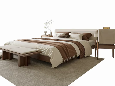 Modern Double Bed With Brown Beige Quilt Pillows Bedside Table Bench And Rug 3d model