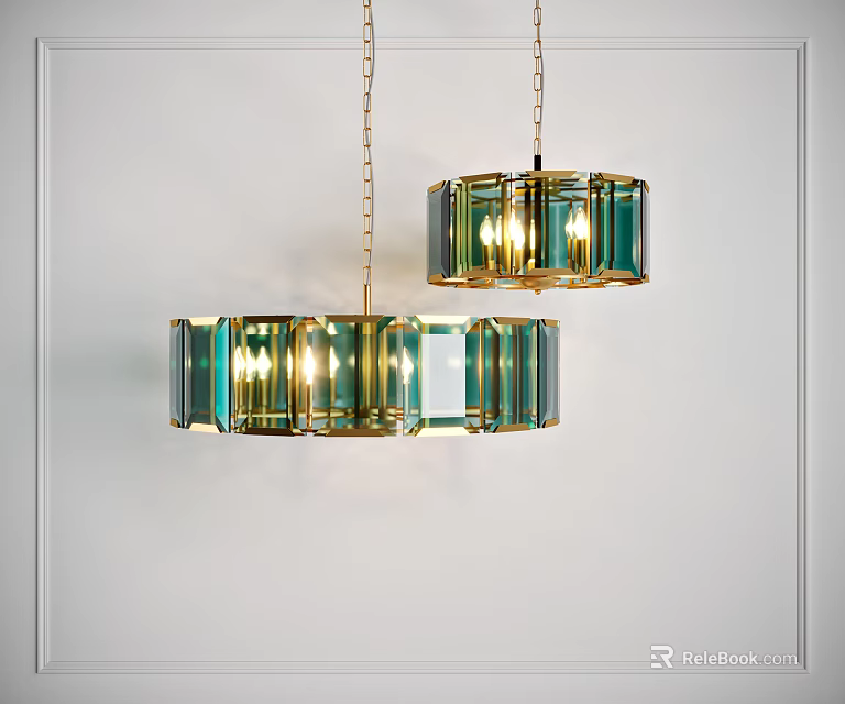 Modern Chandeliers With Gold Frame Green Glass Hanging In White Ceiling Room 3d model 