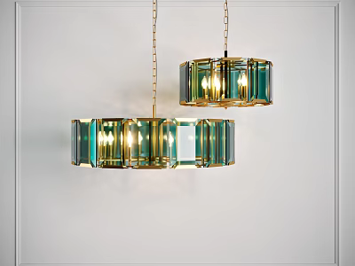 Modern Chandeliers With Gold Frame Green Glass Hanging In White Ceiling Room 3d model