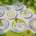 Modern Plaza Landscape Design With Circular Lawns Trees And Paved Patterns 3d model