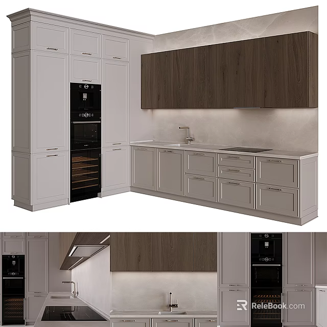 Modern Kitchen Featuring White Lower Cabinets Dark Wooden Upper And Built In Appliances 3d model 