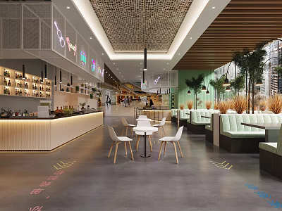 Modern Restaurant Interior Design With White Dining Tables Green Plants And Pendant Lights 3d model