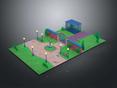 Outdoor Park Equipment With Lamp Posts Fountain Brick Archway And Green Lawn 3d model