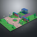 Outdoor Park Equipment With Lamp Posts Fountain Brick Archway And Green Lawn