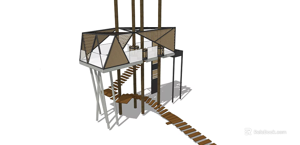Modern Tower With Wooden Structure Glass Elements Spiral Staircase And Walkway 3d model 