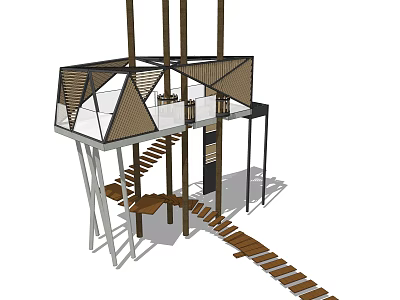 Modern Tower With Wooden Structure Glass Elements Spiral Staircase And Walkway 3d model